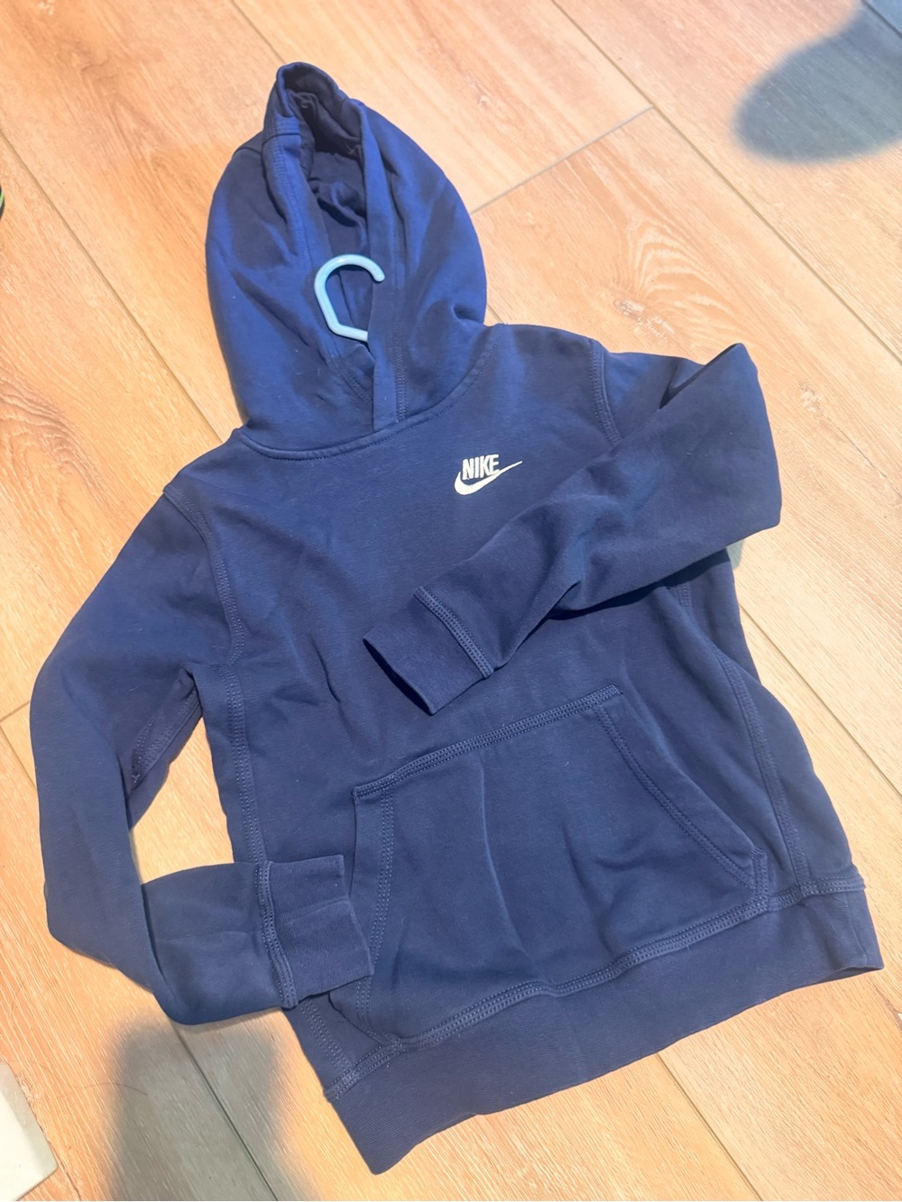 Nike navy blue kids pullover hoodie with white logo